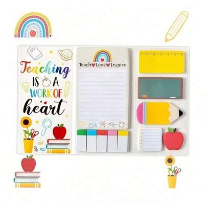 1 Set Teacher S Day Gift Sticky Note Set Colorful Self Adhesive Pads With Educational Design Suitable Back To School For Teachers Gift Includes Notebook Planner Pencil Etc School Office Supplies Teacher Gifts Back To School Season Graduation Season Back To School Gifts Graduation Gifts