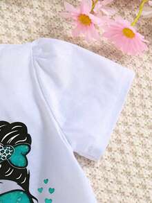 2pcs/Set Girls' Fashionable Cartoon Print Outfit - Green - View 3