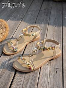 WRCVS Sandálias femininas bege, rasteiras com tiras cruzadas, bico aberto, leves, antiderrapantes, estilo férias, estampa trançada, sandálias para atividades ao ar livre com franjas aleatórias, perfeitas para primavera e verão. - Bege - Ver 6