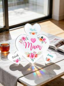 1pc Custom Mum Flowers Pretty Pink Family Heart With 3 Small Hearts Personalised Gift Acrylic Text Ornament,Loveliest Standing Heart Plaque,Mother'S Day Gift,Custom Keepsake For Loved Ones