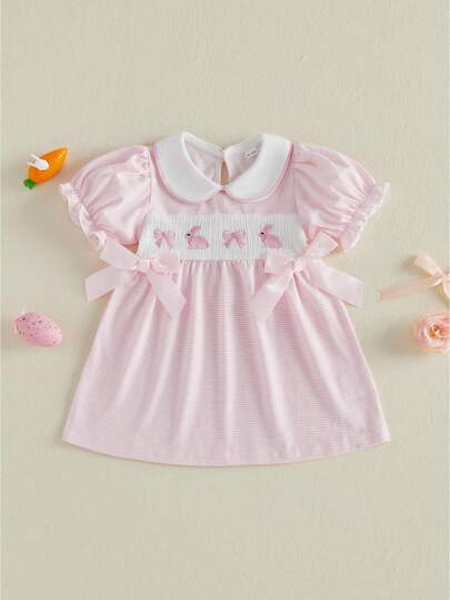 Baby Girl Easter Dress Short Sleeve Doll Collar Bunny Embroidery A-Line Dress Toddler Casual Dress
