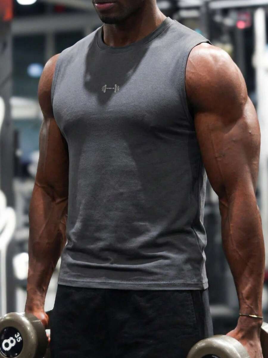 Men's Fashionable Casual Minimalist Printed Tank Top, Summer - Dark Grey - View 1