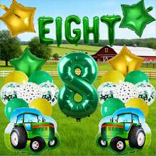 26件套拖拉机主题生日派对用品，包含数字气球、乳胶气球、星星气球和拖拉机图案气球，适合绿色拖拉机主题派对 - 彩色 - 查看 10