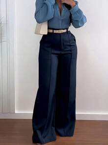 Solid Color Zipper Pocket Button Waistless Elegant Fashion Versatile Suit Pants For Commuting - Màu xanh hải quân - Xem 4