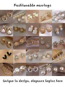 10对装奢华可爱仿珍珠花朵水晶心形吊坠耳环，优雅百搭混搭风格耳环套装，时尚饰品，派对、婚礼、日常佩戴的最佳礼物，随机OPP袋包装 - 10對(隨機出貨)C款 - 查看 1