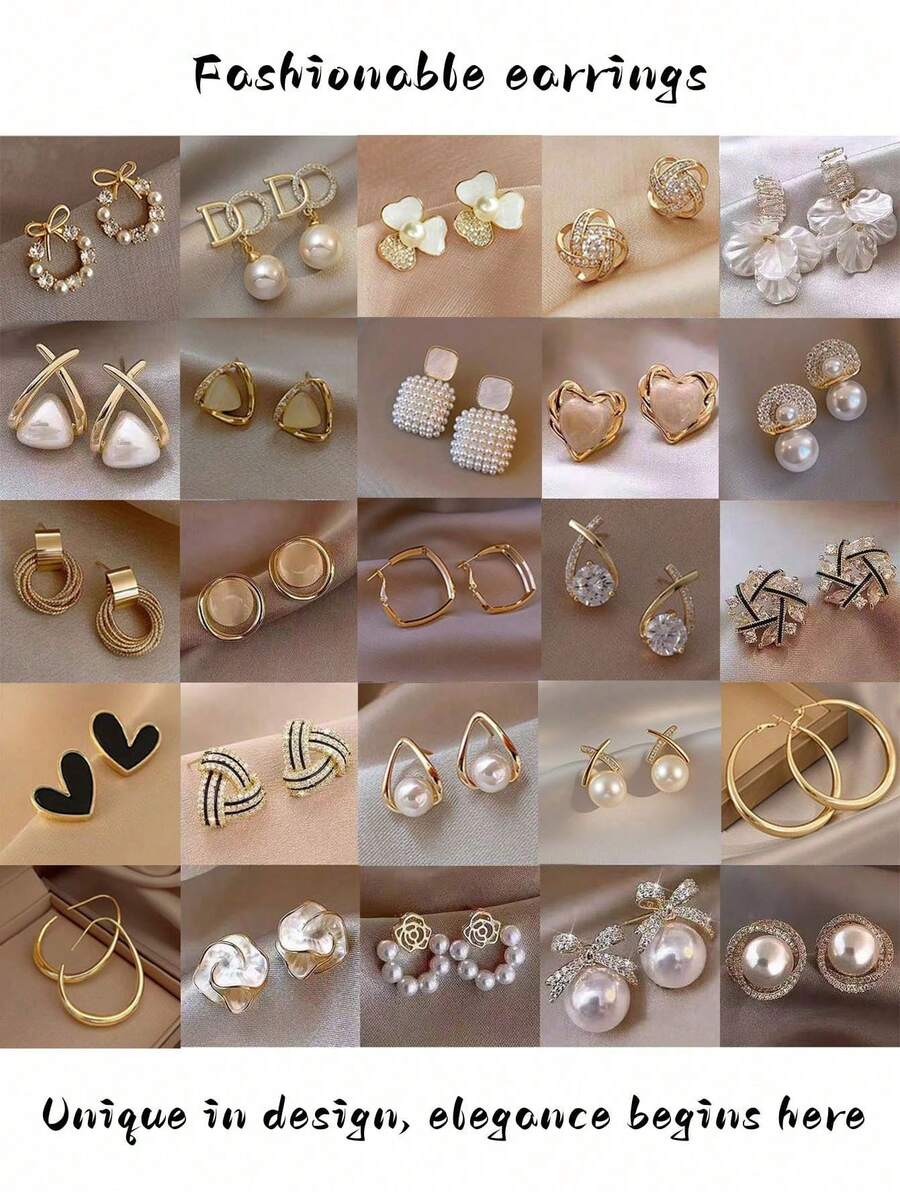 10对装奢华可爱仿珍珠花朵水晶心形吊坠耳环，优雅百搭混搭风格耳环套装，时尚饰品，派对、婚礼、日常佩戴的最佳礼物，随机OPP袋包装 - 10對(隨機出貨)C款 - 查看 1