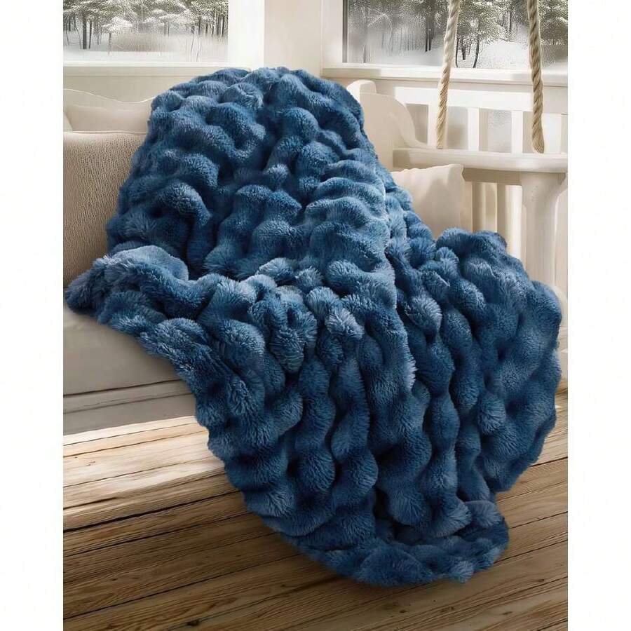 Ultra Soft Cozy Faux Fur Throw Blanket, Fuzzy Plush Thick Bubble Blanket, Oversize Luxury Fluffy Blanket For Couch, Sofa, Bedroom, And Living Room,50x60 Inches,Blue,40008334 - 藍色 - 查看 1