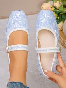 Plus Size EU35-43 Fashionable Sequin Square Toe Flat Shoes, Slip-On Daily Wear Flat Shoes With Buckle, Suitable For Dresses, Multiple Colors & Patterns Available, Spring/Autumn - Light Blue Lace With White Sequins - View 2