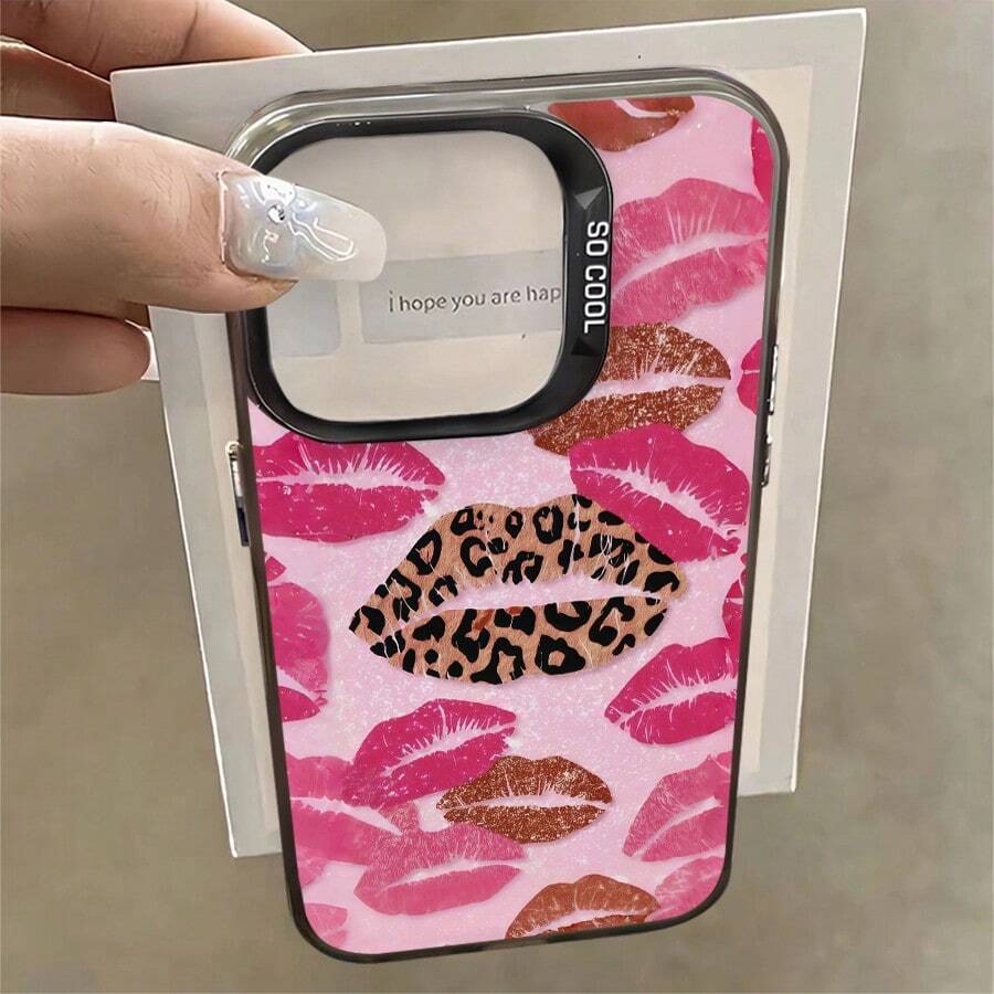 1pcs Leopard Print And Kiss Lips Phone Case Compatible With Apple Phone 17ProMax 13 12 11ProMax 16 15 14Plus Xs Max XS X 7plus 8plus Silicone Antidrop Phone Case Girlish Style Funky Cute Fashion Can Be Given To Friends Can Be Given To A Lover - 黑色 - 查看 1