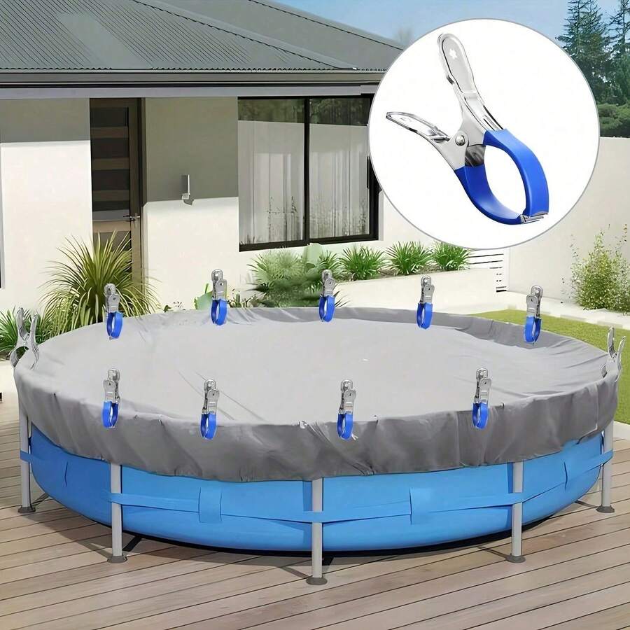 10pcs Heavy-Duty Stainless Steel Pool Cover Clips With Blue Plastic Handles - Windproof Spring Clamps For Secure Ground Pool Covers, With Durable Plastic Grips, All-Season Outdoor Use For Photography & Maintenance, Robust Clip Design - Blue - View 1