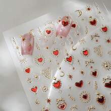 5D Embossed Nail Art Stickers Red Heart Nail Decals Gold Star Nail Stickers For Nail Art With Sun Moon Design Se--Adhesive Acrylic Nail Supplies For Women Manicure Decorations - 風格12 - 查看 2