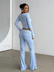 1 set Camiseta de corte ajustado con cuello cuadrado y pantalón de largo completo para mujer, conjunto de primavera - Azul - Ver 6