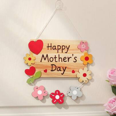 Happy Mother's Day "I LOVE MOM" Wooden Hanging Decor, Flower & Heart Design, Party Decoration, Door Hanger, Wall Sign