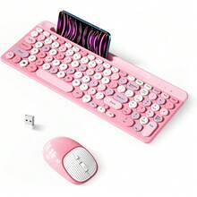 Retro Wireless Keyboard With Round Keycaps, 2.4GHz Full-Size USB Cute Wireless Keyboard Mouse For Computer, Desktop, Laptop And Computer (Pink-Colorful) - 粉紅色系 - 查看 1