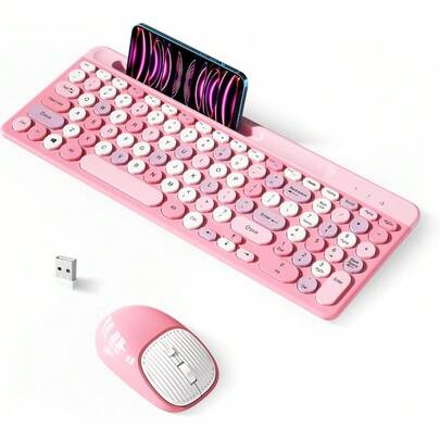 Retro Wireless Keyboard With Round Keycaps, 2.4GHz Full-Size USB Cute Wireless Keyboard Mouse For Computer, Desktop, Laptop And Computer (Pink-Colorful)