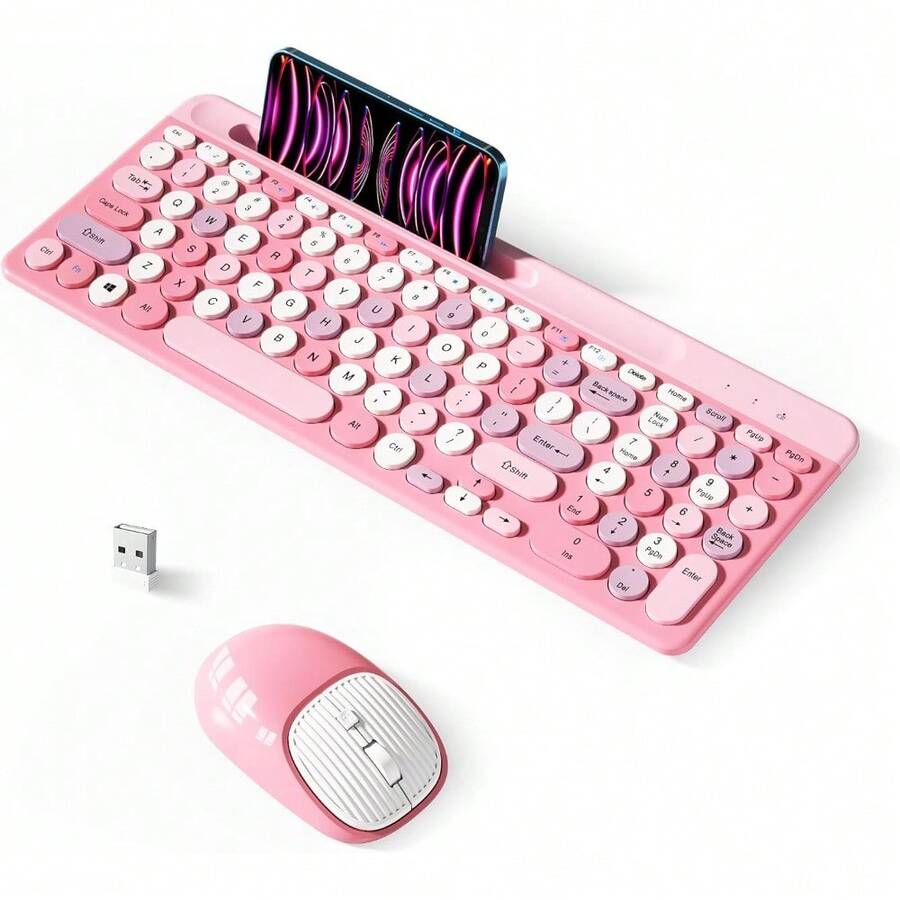 Retro Wireless Keyboard With Round Keycaps, 2.4GHz Full-Size USB Cute Wireless Keyboard Mouse For Computer, Desktop, Laptop And Computer (Pink-Colorful) - 粉紅色系 - 查看 1