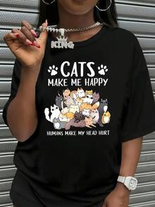 Women'S Plus Size TShirt With Cute Cat Print Cats Make Me Happy Design, Soft Polyester Blend, Round Neck, Hine Washable, Ideal For All Seasons, Cat Shirt - 黑色 - 查看 1