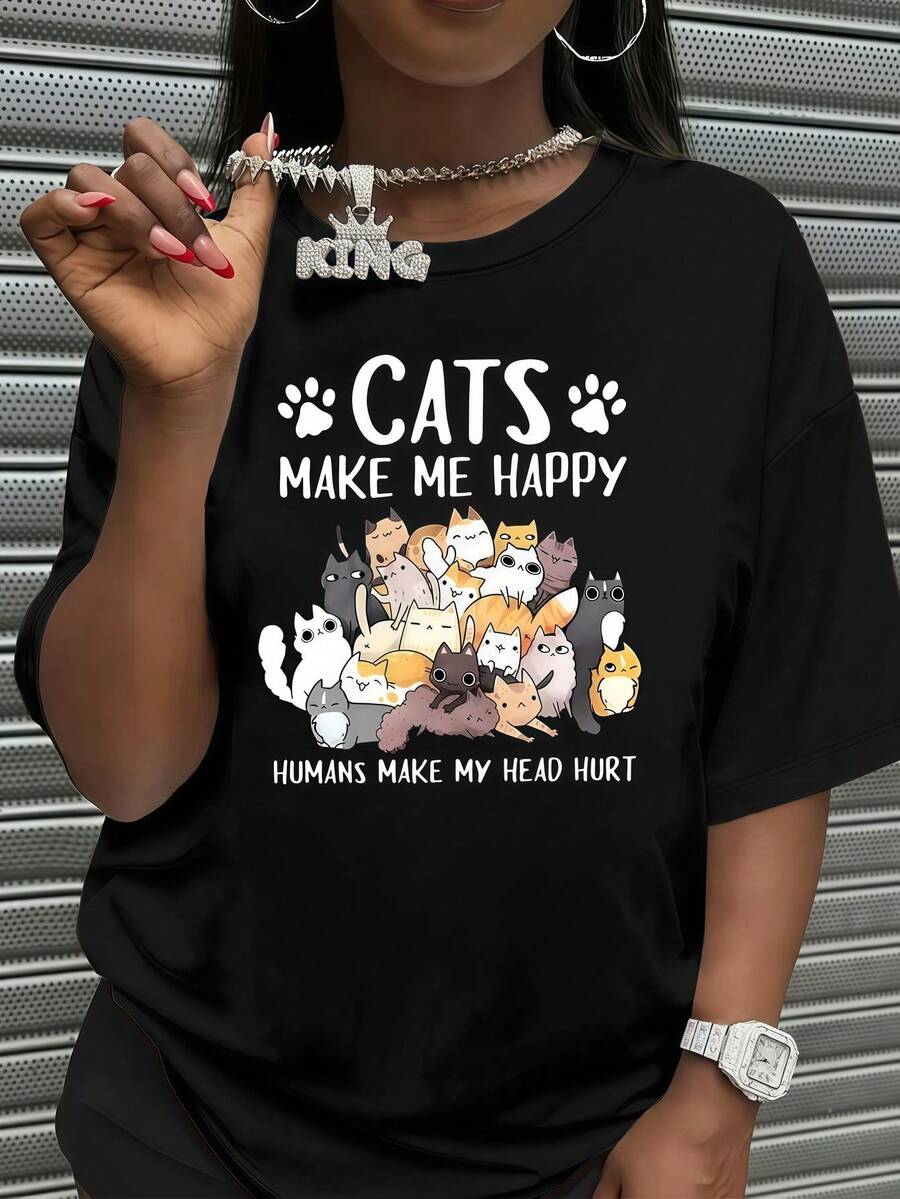 Women'S Plus Size TShirt With Cute Cat Print Cats Make Me Happy Design, Soft Polyester Blend, Round Neck, Hine Washable, Ideal For All Seasons, Cat Shirt - 黑色 - 查看 1