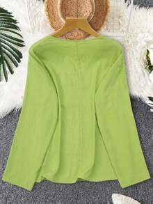 女士休闲V领泡泡袖衬衫 - 橄榄绿，春秋季纽扣衬衫，轻薄涤纶面料，适合休闲穿着，女士衬衫，高品质女装，女士上衣，女士衬衫 - 綠色 - 查看 2