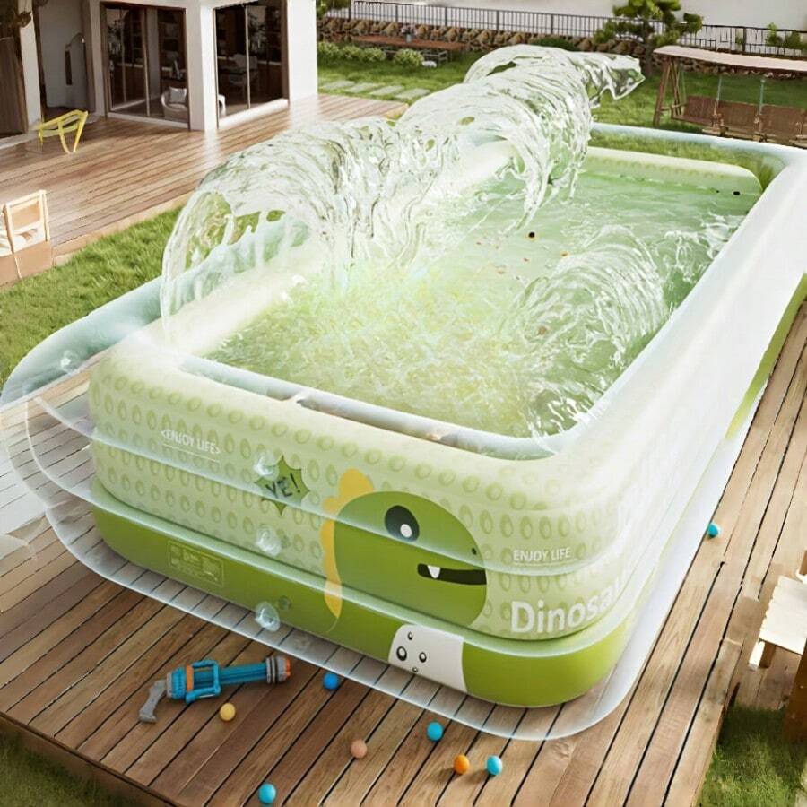 Dinosaur Theme Inflatable Large Outdoor Swimming Pool, Family Inflatable Swimming Pool, PVC Material, Foldable Portable Rectangular Design, Suitable For Family Water Entertainment, Yard Party, Outdoor Summer Fun, Backyard Recreation, Dinosaur Theme Design, Smooth Surface, Large Capacity Water Activities - 綠色 - 查看 1