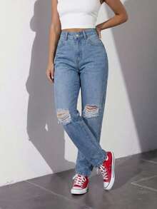 Pantalón Mujer Casual Straight Leg Washed Ripped Raw Hem Tela rígida Bolsillos Button Zipper Corte Recto Sin Estampado, atemporal uso  Diario - AZUL CLARO - Ver 3