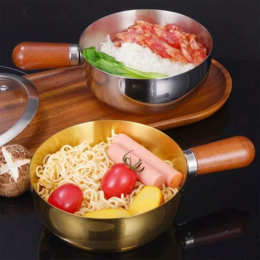 1个高导热不锈钢迷你锅，采用现代金属（金/银）风格，圆形锅身搭配符合人体工学的木质手柄。非常适合单人份餐食，例如炒菜、煎蛋或炖少量汤。 - 彩色 - 查看 1