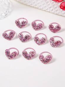 10pcs/Pack Girls' Shiny Sequin Heart Shaped Pink Ribbon Elastic Hair Ties, Cute & Versatile, Suitable For Daily Use - Pink - View 4