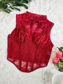 1pc Fashionable Y2K Lace Mesh Fishbone Bustier Crop Top, Sexy Fitted Corset Top For Party, Holiday Gift, Christmas, Valentine's Day, Halloween - Burgundy - View 9