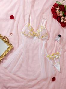 Bộ đồ ngủ và áo choàng gợi cảm 2 món dành cho nữ, chất liệu lưới xuyên thấu với họa tiết hoa, dây đeo vai mảnh có thể điều chỉnh. - Nhiều màu - Xem 4