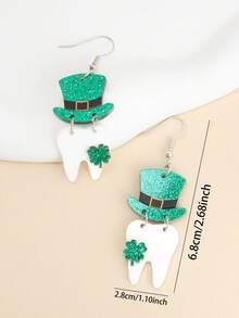1 对可爱的圣帕特里克节四叶草帽子和牙齿形状亚克力耳环