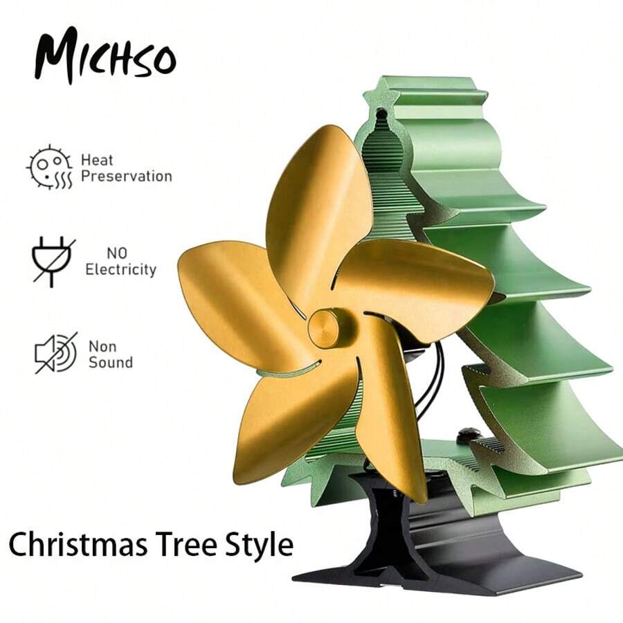 MICHSO 5-Blade Heat Powered Stove Fan Golden Christmas Tree Log Wood Burner Efficient Home Heat Distribution Fireplace Fan