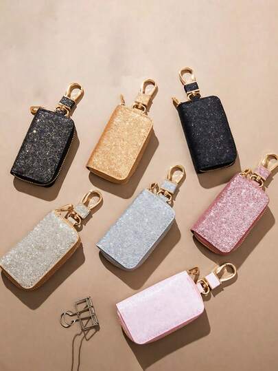 Unisex Sparkling Star Leather Car Key Case & Organizer | Creative Keychain Mini Wallet With Security Zipper Closure & Stylish Waist Pocket | Multi-Color Car Key Protector For Daily Use | Ideal Gift For Valentine's Day, Ramadan, Birthday, Anniversary & Back-To-School Must-Have