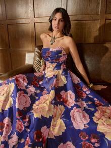 Faeriesty 优雅无肩带晚礼服，露背系带设计，高腰A字裙摆，高开衩，通体大花卉印花，适合婚礼宾客、正式写真、红毯活动、浪漫婚纱照、誓言重温仪式、春假派对等场合。 - 紫色 - 查看 8