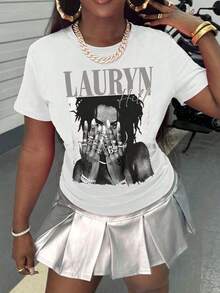 Women's White Oversized Crew Neck T-Shirt Lauryn Hill Theme Print Black & White Portrait Name Mark Minimalist Hip-Hop Style Top Fan Outing & Commute Fresh Piece, Retro Loose-Fit - 後退 - 查看 5