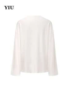 YIU 女士休闲弹力圆领长袖T恤，春季新款，适合日常穿着 - 白色 - 查看 4