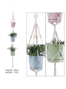 2PCS Handmade Boho Macrame Plant Hangers - 3-Tier Hanging Planter Set With Wood Beads, Adjustable Length For Indoor/Outdoor Use, Lightweight Flower Pot Holders For Balcony, Fence & Patio Decor, Perfect For Succulents, Pothos & Air Plants - Multicolor - View 13