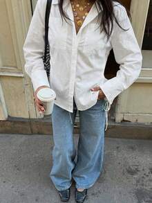 White Relaxed Fit Button Up Blouse | Tie Cuff Flap Pocket Shirt For Date & Brunch - White - View 5