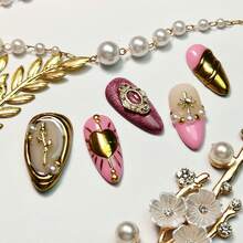 10pcs Handmade Press On False Nails Medium Almond Pink Nude 3D Gold Metallic Pearl Rhinestone Star Nail Charms Romantic Princess Royalcore Style Wedding Date Tea Party Daily Wear Unas Postizas - Hồng - Xem 2
