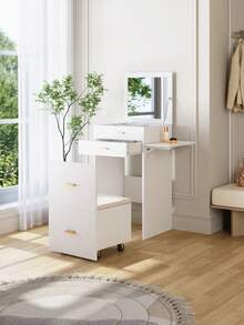 Living And Home White Dressing Table Set With HD Mirror Cushioned Stool With Wheels Multiple Extra Storage Drawers Compartments Nordic Modern Style Home Use For Bedroom Dressing Room - White - View 5