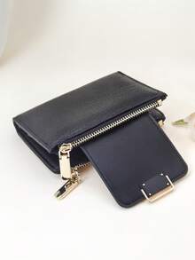 女士短款钱包，纯黑色，柔软精致的PU皮革手机钱包，时尚按扣双拉链大容量多功能钱包卡包，轻巧简约手拿包，适合作为节日礼物 - 黑色 - 查看 4