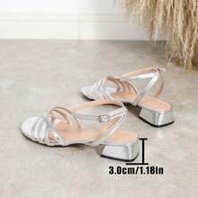 Women's Round Toe Criss-Cross Strap Low Heel Sandals, Metal Material Backstrap With Metal Buckle, Versatile For Commuting And Dating, Comfortable Non-Slip Chunky Heel Slides - Silver - View 8
