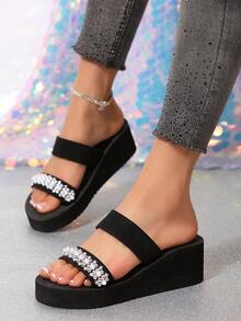 Women's Rhinestone Decor Casual Everyday Fashion Versatile Thick Bottom Wedge Sandals - Black - View 11