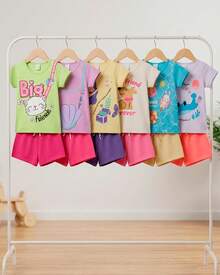 Kit Sortido 8 Peças de Roupas Infantil Bebê Menina (4 Camisetas + 4 Shorts) Kit 4 Conjuntos Bebê - Multicolorido - Visão 9