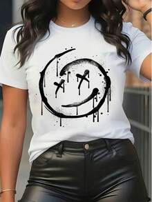 Damen Kurzarm T-Shirt Lässig Streetwear Grafik Muster Gesicht Tropfen Design Tee Top Sommer Rundhals Loose Fit Mode Alltags Kleidung - Weiss - Übersicht 6