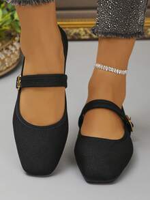 Zapatos planos con puntera cuadrada y lentejuelas de talla grande UE35-43, de uso diario con diseño deslizante, adecuados para vestidos, disponibles en múltiples colores y patrones, para primavera/otoño - Tela negra con líneas finas. - Ver 6