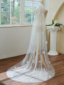 1pc Ivory Small Chapel Pearl & Butterfly Bridal Veil - Beige - View 5