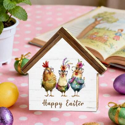 1/2pcs Easter Theme Wooden House Shaped Sign, For Home, Farmhouse, Living Room, Fireplace Decor, Easter Gift