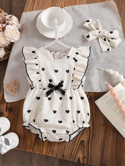 Bộ trang phục thường ngày mùa hè 2 món cho bé gái: Áo liền quần không tay họa tiết trái tim và viền xếp nếp, băng đô có nơ trang trí