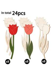 12pcs/24pcs/30pcs Wooden Flower Decor Pieces, Rose Design And Spring Floral Theme. These Decorative Pieces Can Be Used To Make Wooden Holiday Gifts, Suitable For Christmas, New Year, Thanksgiving, Easter, Valentine's Day, Birthday, Wedding Party Decoration, Home Decor, Outdoor Decor, And Also As Craft Supplies. - Multicolor - View 13