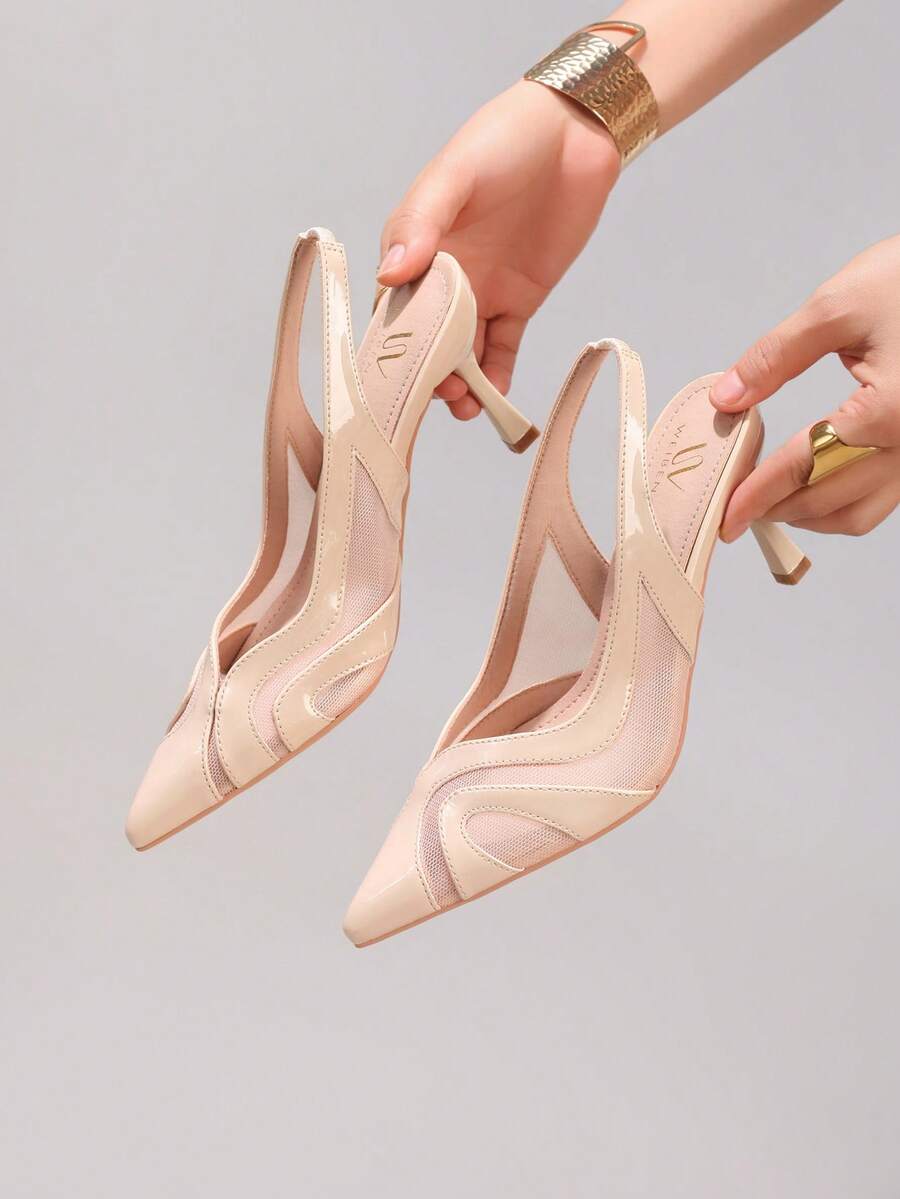Fashionable Lace Patchwork High Heel Shoes, Sexy Pointed Toe Stilettos, Party & Evening Wear Backless Sandals, Apricot Color,Summer Outfits - Apricot - View 1